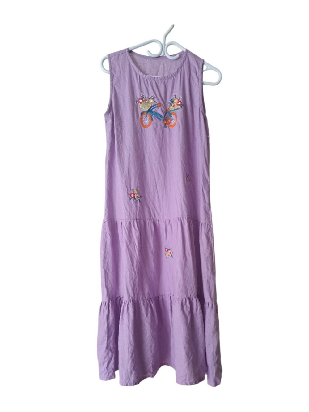 Lavender Linen Sleeveless Tiered Dress with Embroidered Bicycle